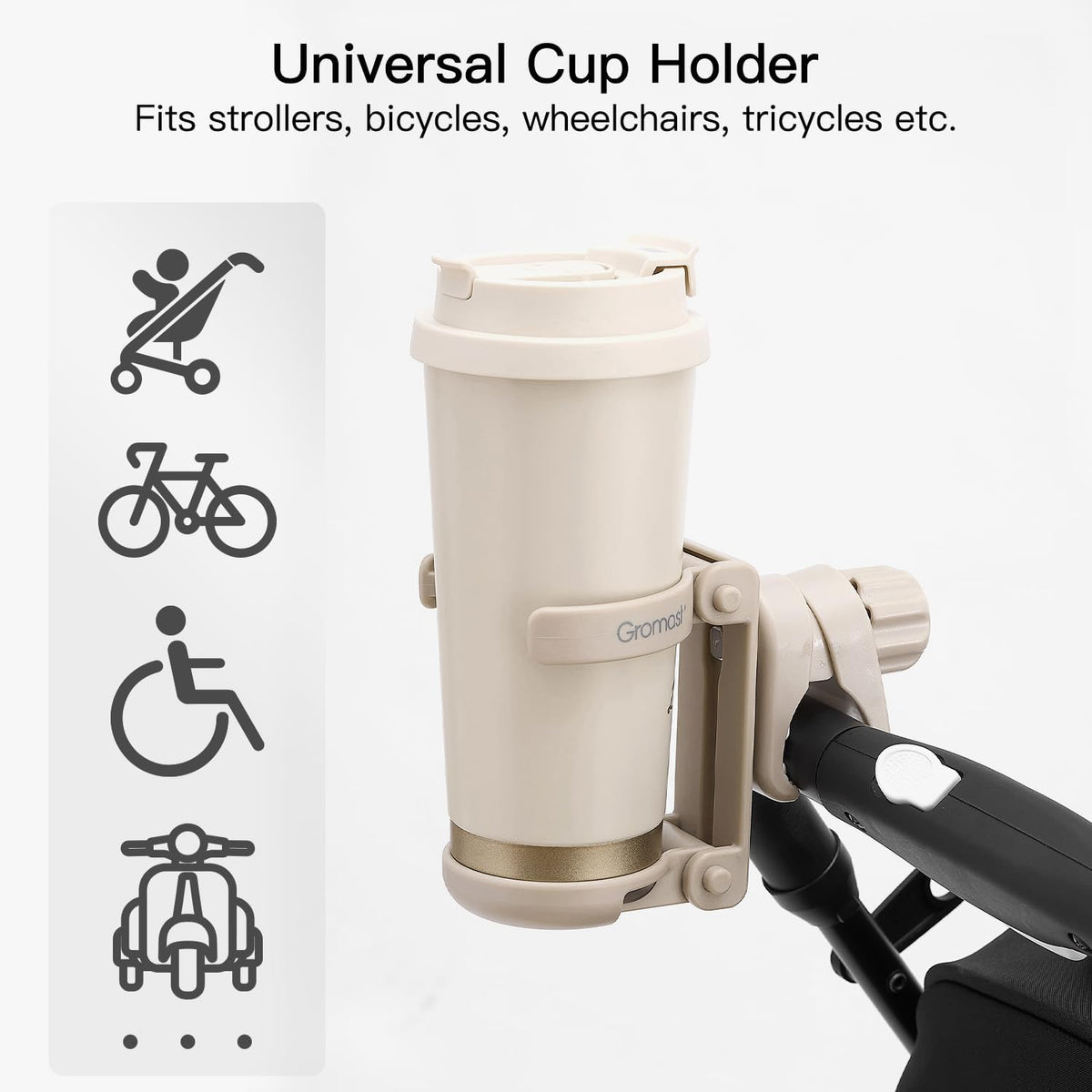 3 in 1 Foldable Stroller Cup Holder with Phone Holder, 360° Rotatable Bottle Holder, Universal Cup Holder for Baby Stroller, Tricycle - Black