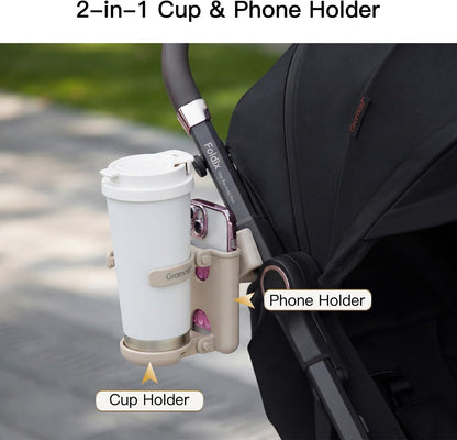 3 in 1 Foldable Stroller Cup Holder with Phone Holder, 360° Rotatable Bottle Holder, Universal Cup Holder for Baby Stroller, Tricycle - Black