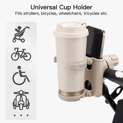 3 in 1 Foldable Stroller Cup Holder with Phone Holder, 360° Rotatable Bottle Holder, Universal Cup Holder for Baby Stroller, Tricycle - Black