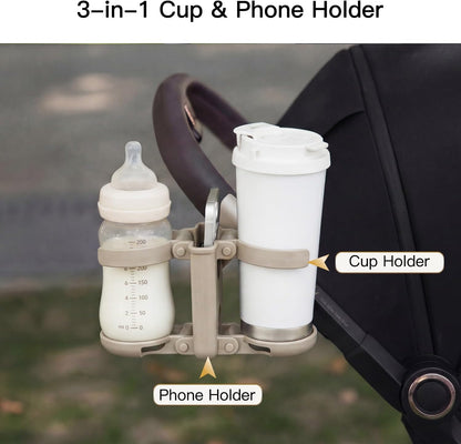 3 in 1 Foldable Stroller Cup Holder with Phone Holder, 360° Rotatable Bottle Holder, Universal Cup Holder for Baby Stroller, Tricycle - Black