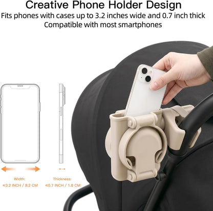 3 in 1 Foldable Stroller Cup Holder with Phone Holder, 360° Rotatable Bottle Holder, Universal Cup Holder for Baby Stroller, Tricycle - Black