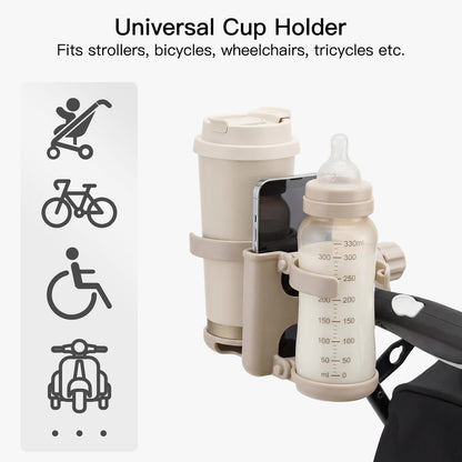 3 in 1 Foldable Stroller Cup Holder with Phone Holder, 360° Rotatable Bottle Holder, Universal Cup Holder for Baby Stroller, Tricycle - Black