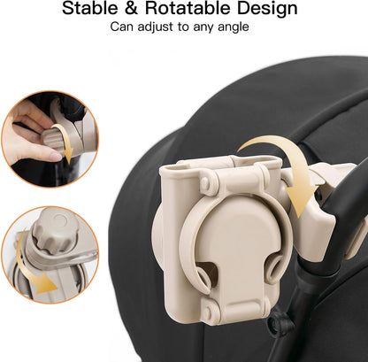 3 in 1 Foldable Stroller Cup Holder with Phone Holder, 360° Rotatable Bottle Holder, Universal Cup Holder for Baby Stroller, Tricycle - Black