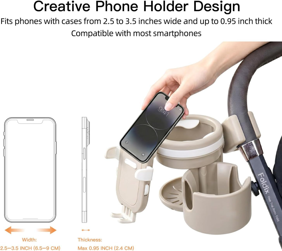 3 in 1 Foldable Stroller Cup Holder with Phone Holder, 360° Rotatable Bottle Holder, Universal Cup Holder for Baby Stroller, Tricycle - Black