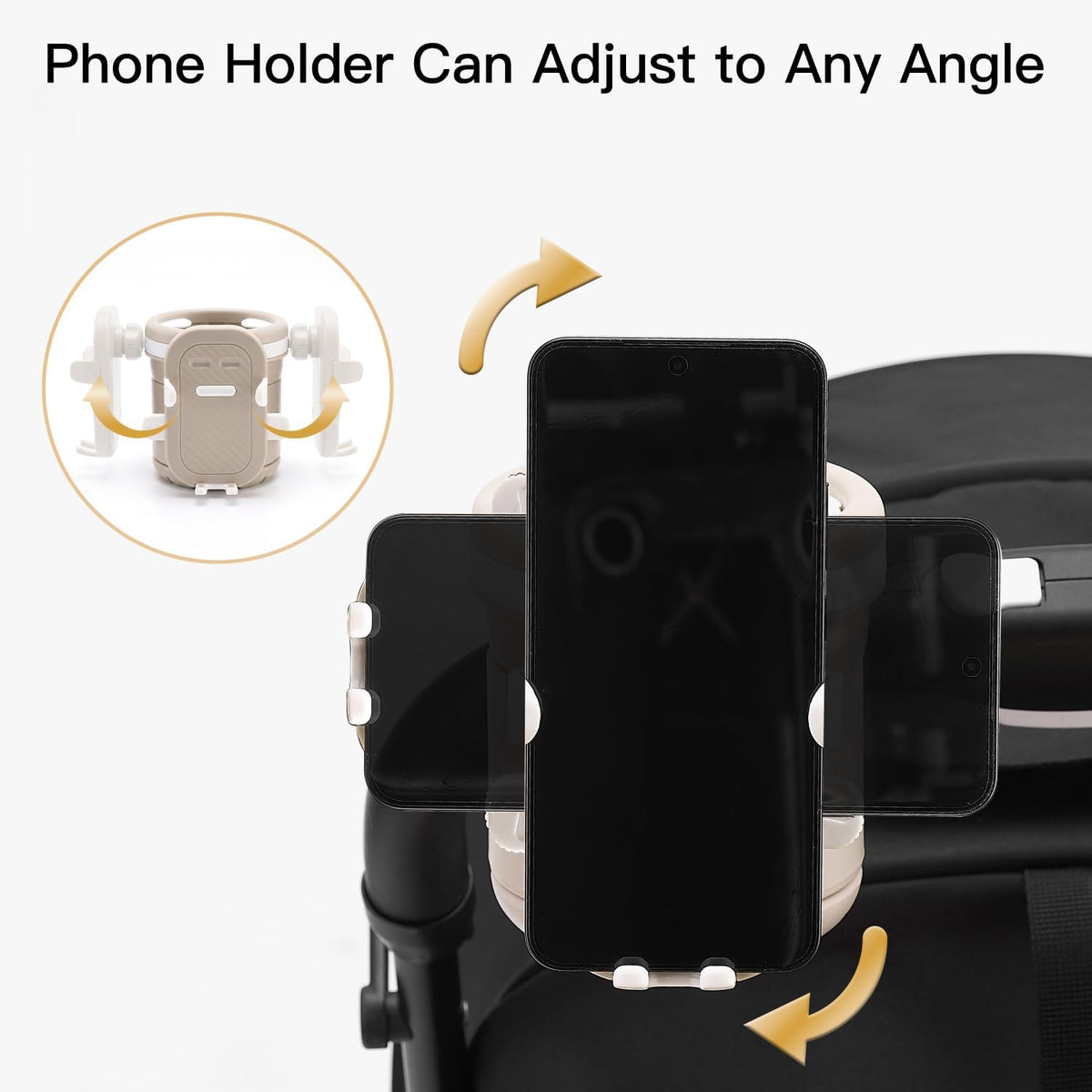 3 in 1 Foldable Stroller Cup Holder with Phone Holder, 360° Rotatable Bottle Holder, Universal Cup Holder for Baby Stroller, Tricycle - Black