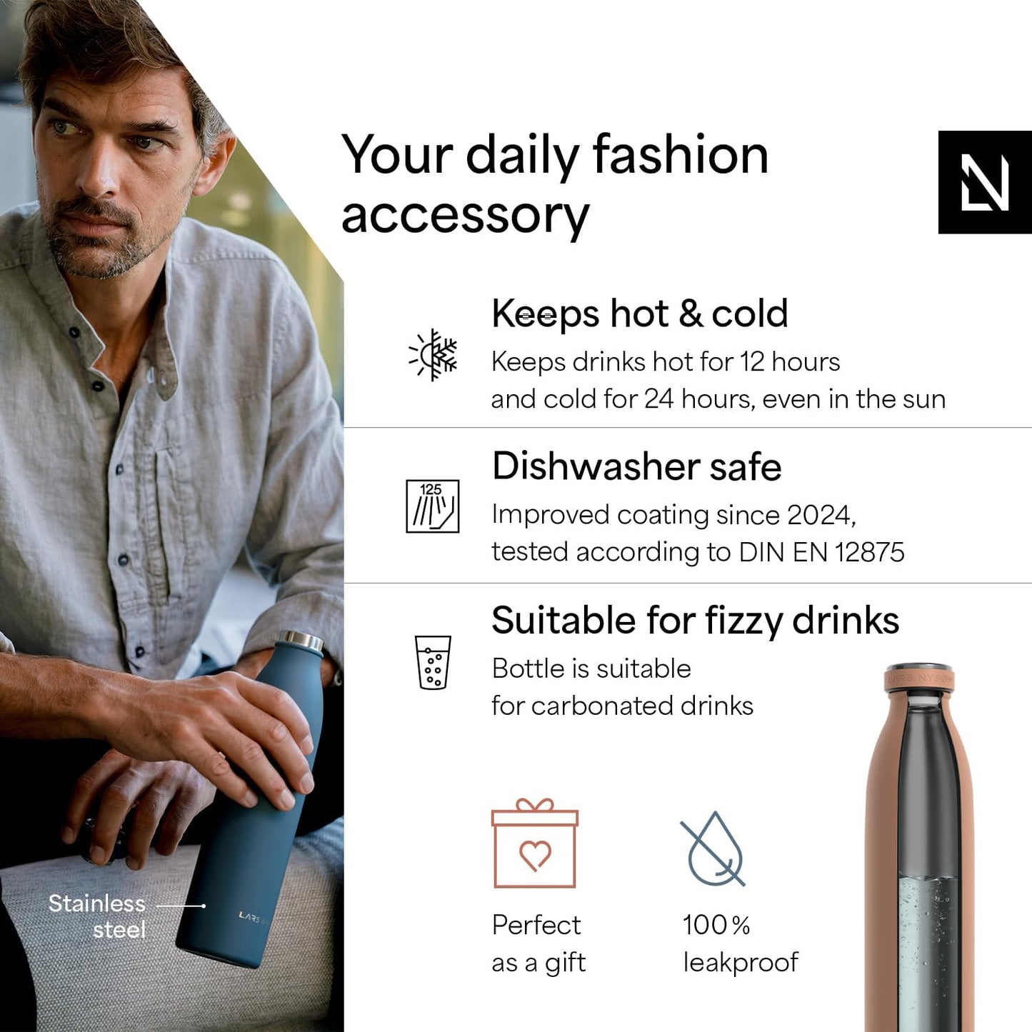 LARS NYSØM Stainless Steel Insulated Water Bottle 12oz 17oz 25oz 34oz 51oz | Insulated Thermo Flask for Hot and Cold Beverages | Leakproof Drinking Bottle (Pine Green, 17oz)