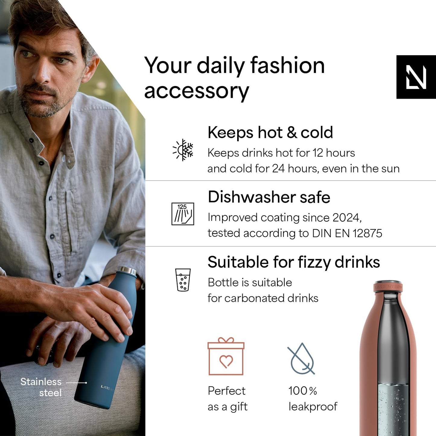 LARS NYSØM Stainless Steel Insulated Water Bottle 12oz 17oz 25oz 34oz 51oz | Insulated Thermo Flask for Hot and Cold Beverages | Leakproof Drinking Bottle (Pine Green, 17oz)