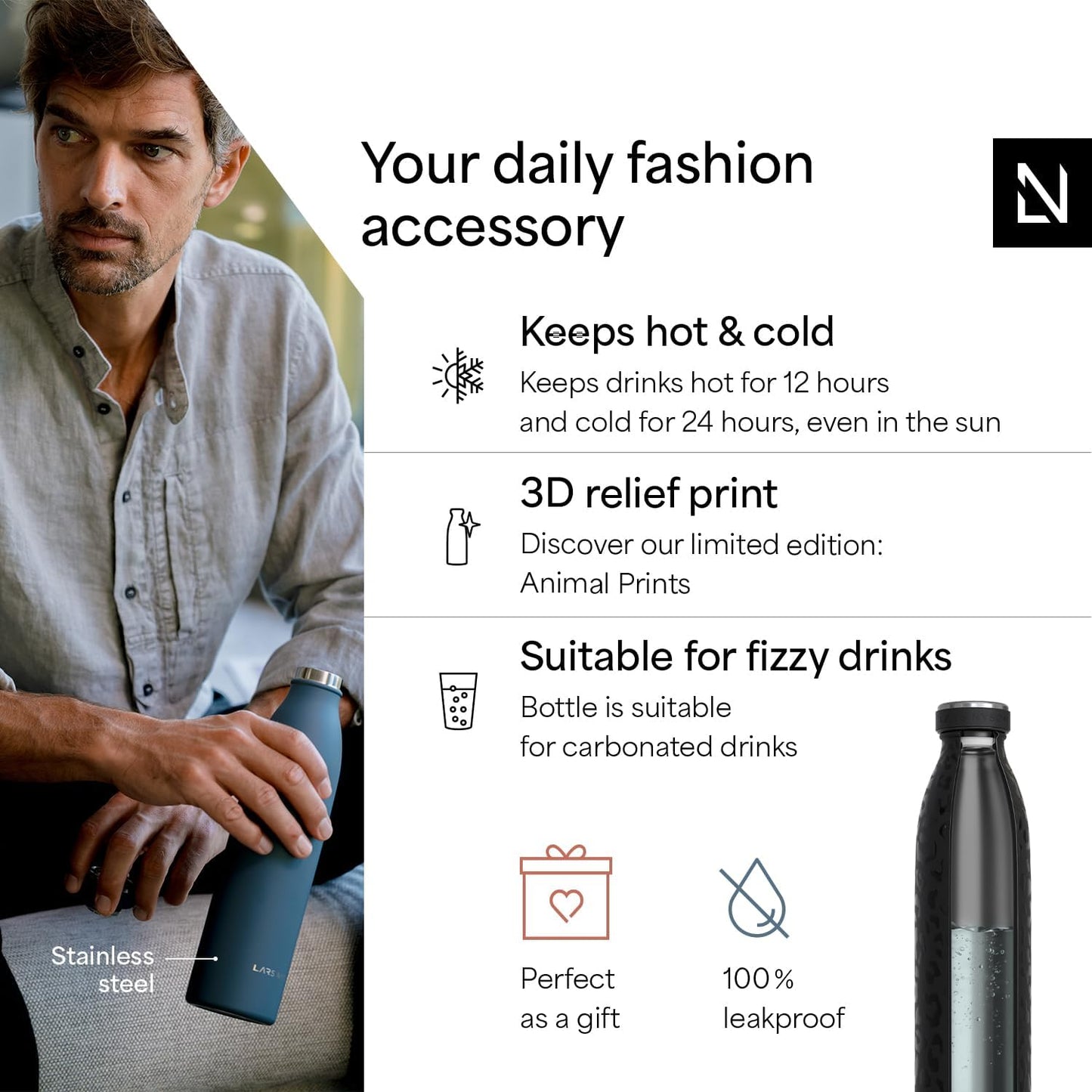LARS NYSØM Stainless Steel Insulated Water Bottle 12oz 17oz 25oz 34oz 51oz | Insulated Thermo Flask for Hot and Cold Beverages | Leakproof Drinking Bottle (Pine Green, 17oz)