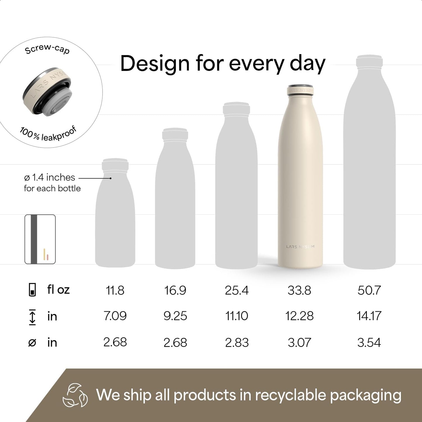 LARS NYSØM Stainless Steel Insulated Water Bottle 12oz 17oz 25oz 34oz 51oz | Insulated Thermo Flask for Hot and Cold Beverages | Leakproof Drinking Bottle (Pine Green, 17oz)