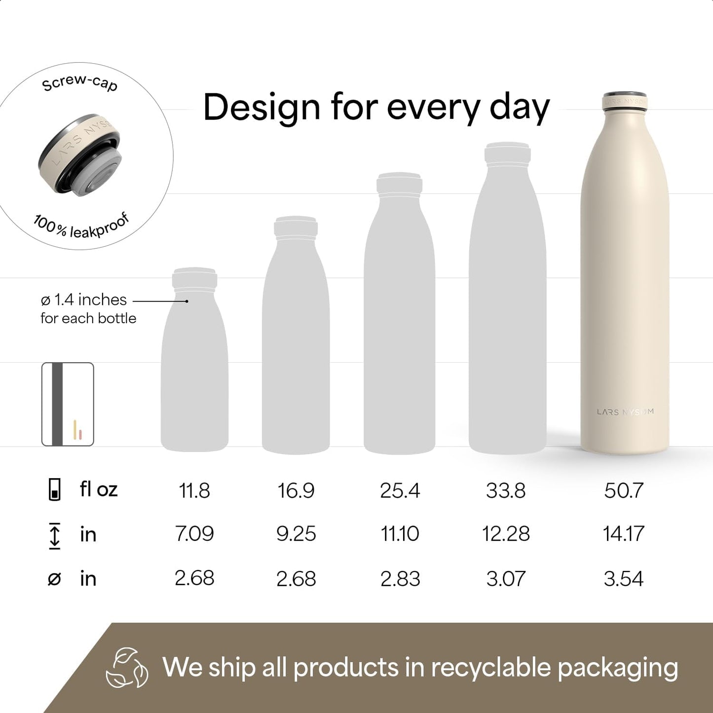 LARS NYSØM Stainless Steel Insulated Water Bottle 12oz 17oz 25oz 34oz 51oz | Insulated Thermo Flask for Hot and Cold Beverages | Leakproof Drinking Bottle (Pine Green, 17oz)