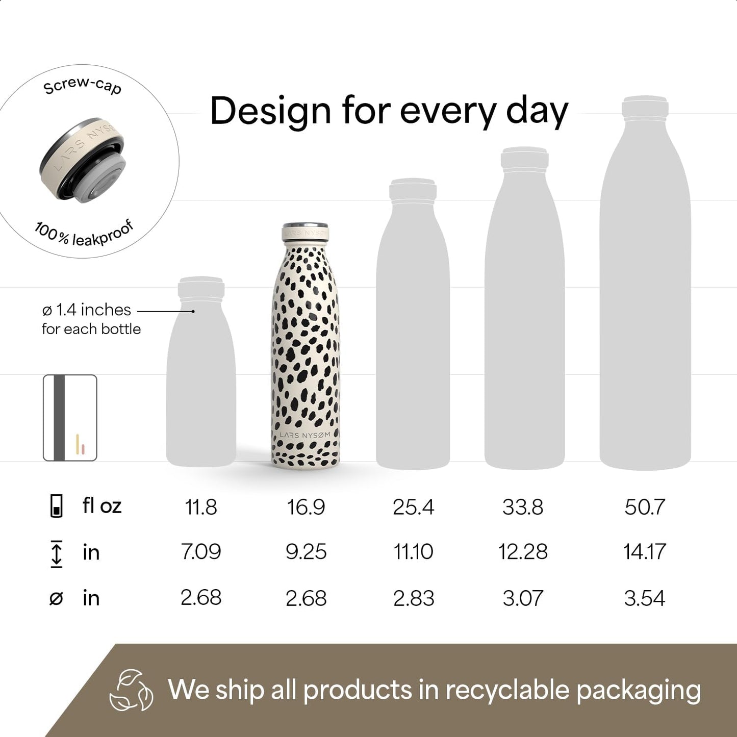 LARS NYSØM Stainless Steel Insulated Water Bottle 12oz 17oz 25oz 34oz 51oz | Insulated Thermo Flask for Hot and Cold Beverages | Leakproof Drinking Bottle (Pine Green, 17oz)