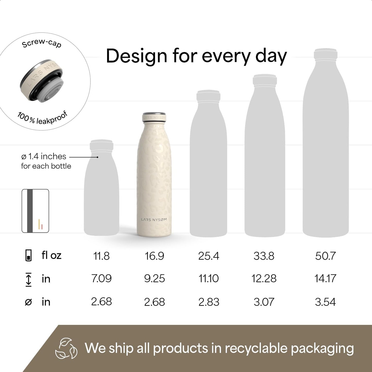 LARS NYSØM Stainless Steel Insulated Water Bottle 12oz 17oz 25oz 34oz 51oz | Insulated Thermo Flask for Hot and Cold Beverages | Leakproof Drinking Bottle (Pine Green, 17oz)