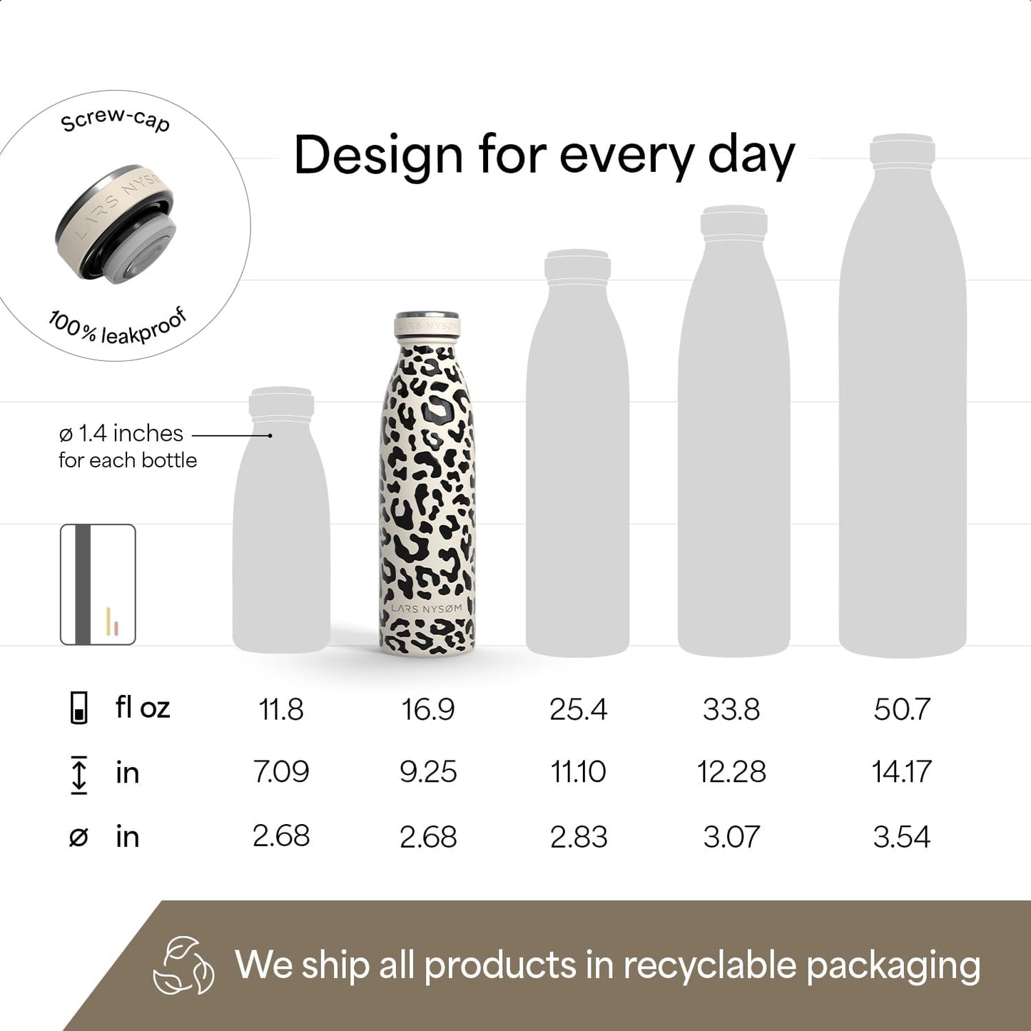 LARS NYSØM Stainless Steel Insulated Water Bottle 12oz 17oz 25oz 34oz 51oz | Insulated Thermo Flask for Hot and Cold Beverages | Leakproof Drinking Bottle (Pine Green, 17oz)