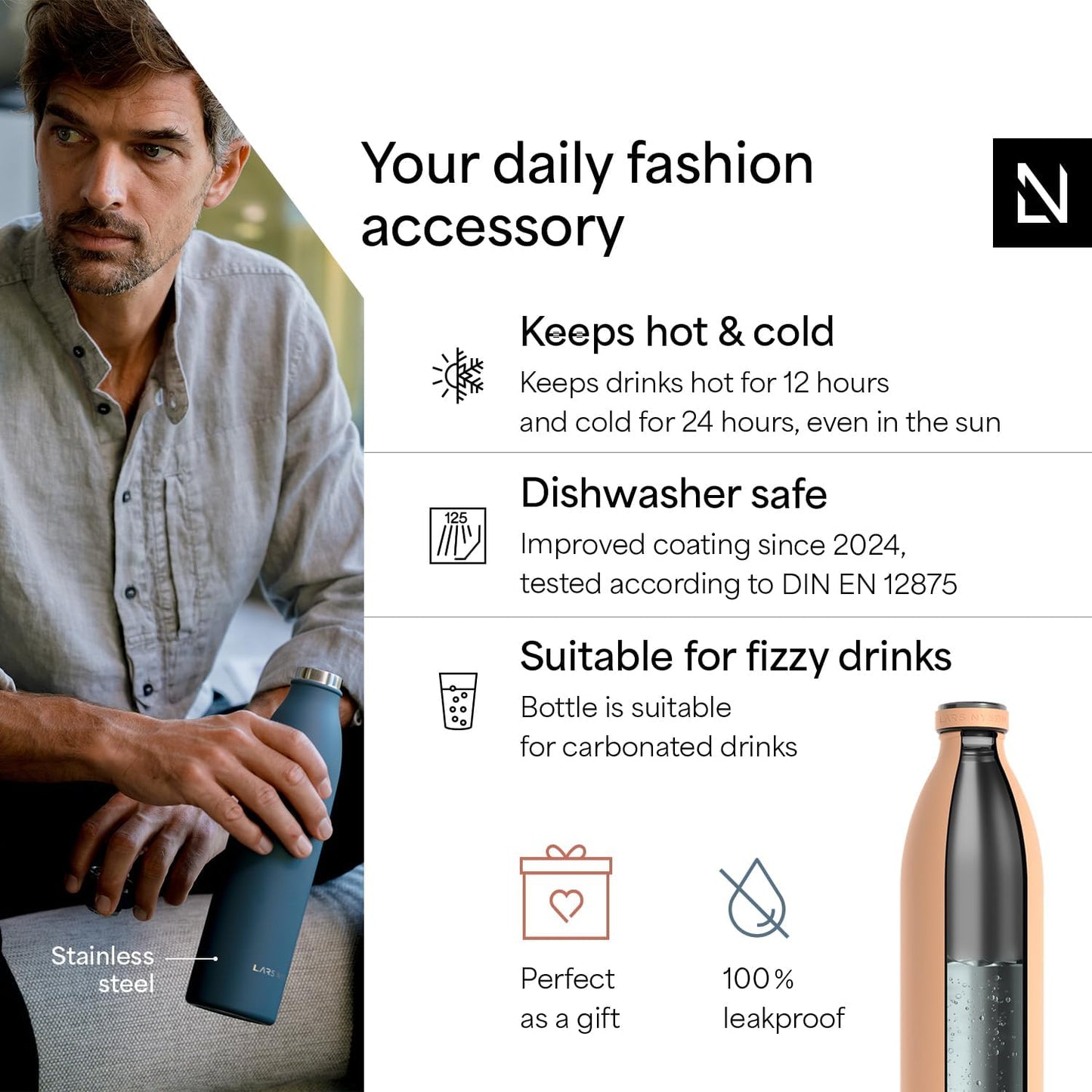 LARS NYSØM Stainless Steel Insulated Water Bottle 12oz 17oz 25oz 34oz 51oz | Insulated Thermo Flask for Hot and Cold Beverages | Leakproof Drinking Bottle (Pine Green, 17oz)