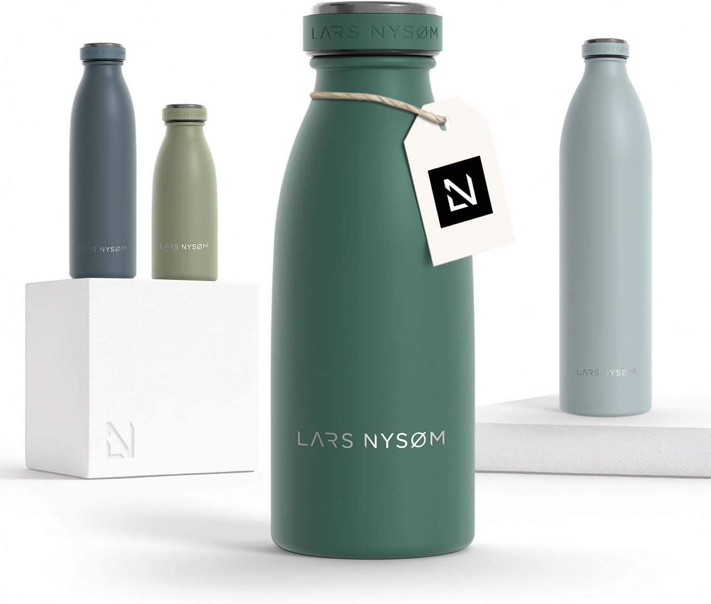 LARS NYSØM Stainless Steel Insulated Water Bottle 12oz 17oz 25oz 34oz 51oz | Insulated Thermo Flask for Hot and Cold Beverages | Leakproof Drinking Bottle (Pine Green, 17oz)