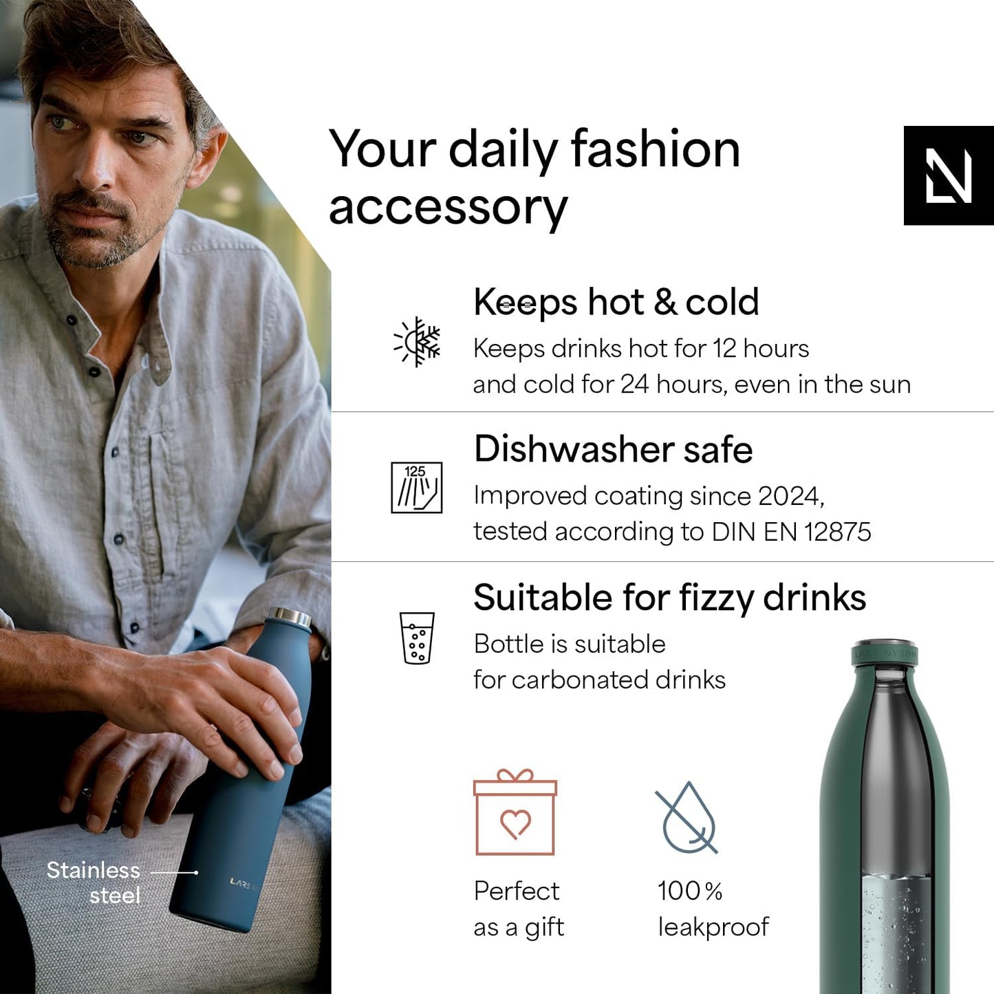 LARS NYSØM Stainless Steel Insulated Water Bottle 12oz 17oz 25oz 34oz 51oz | Insulated Thermo Flask for Hot and Cold Beverages | Leakproof Drinking Bottle (Pine Green, 17oz)