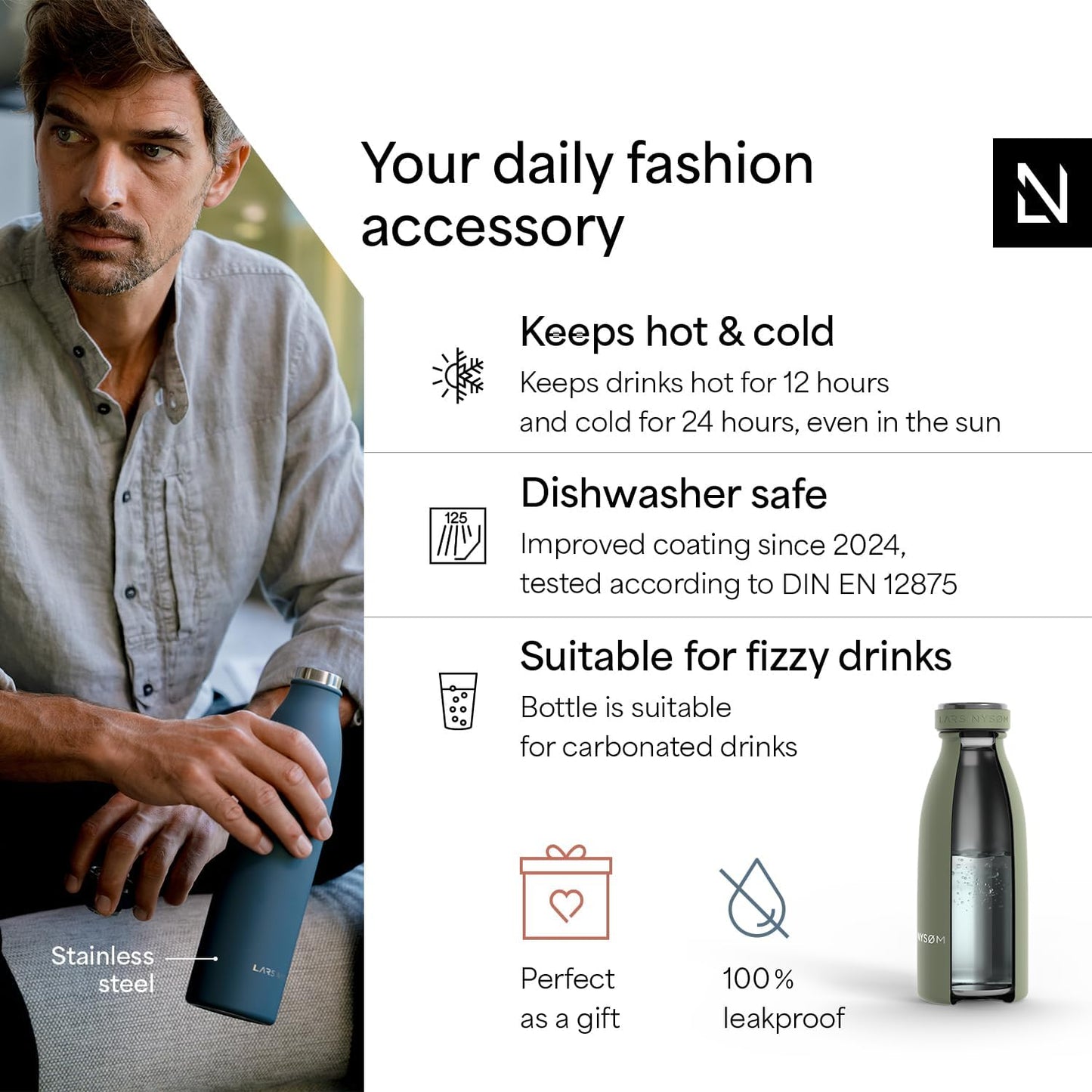 LARS NYSØM Stainless Steel Insulated Water Bottle 12oz 17oz 25oz 34oz 51oz | Insulated Thermo Flask for Hot and Cold Beverages | Leakproof Drinking Bottle (Pine Green, 17oz)