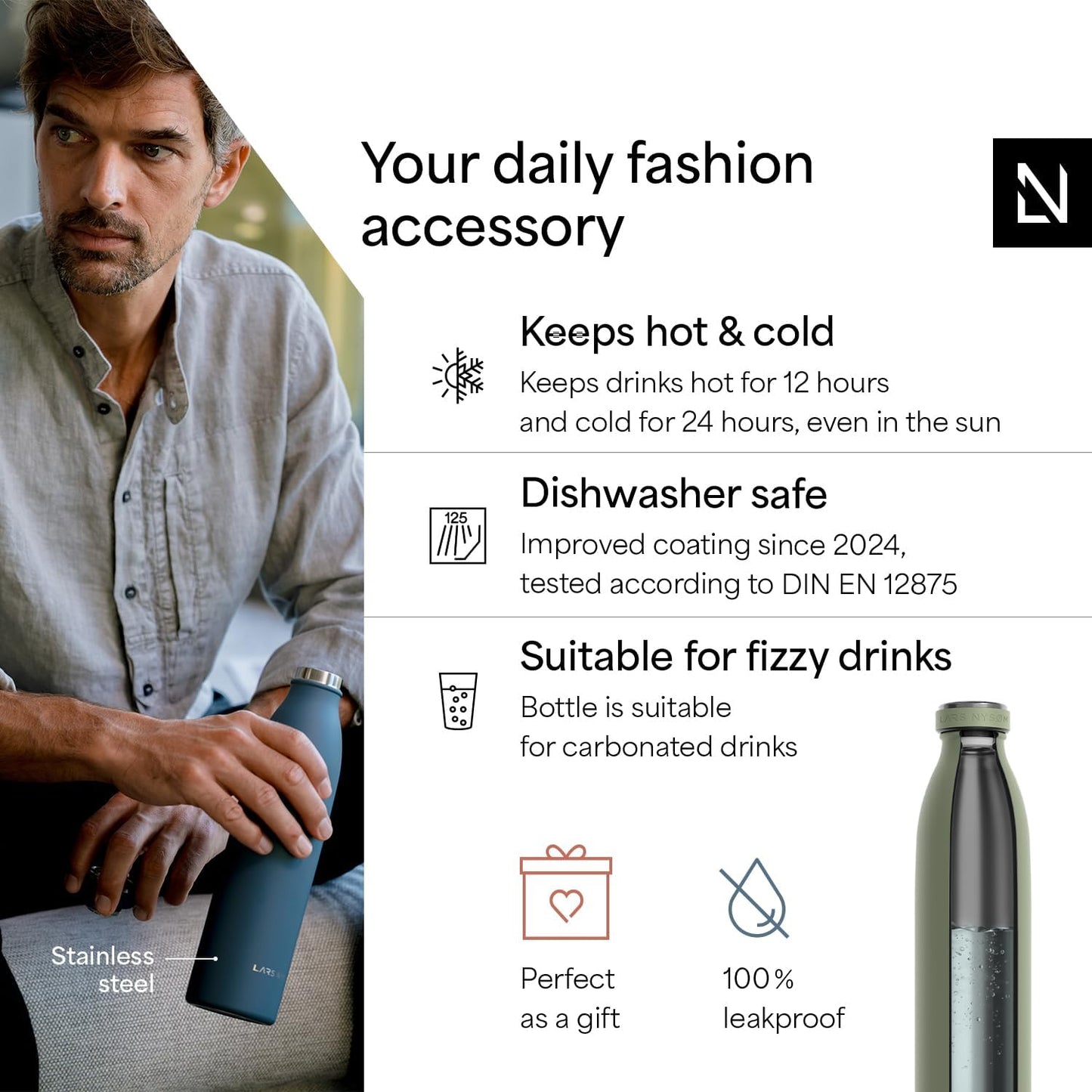LARS NYSØM Stainless Steel Insulated Water Bottle 12oz 17oz 25oz 34oz 51oz | Insulated Thermo Flask for Hot and Cold Beverages | Leakproof Drinking Bottle (Pine Green, 17oz)