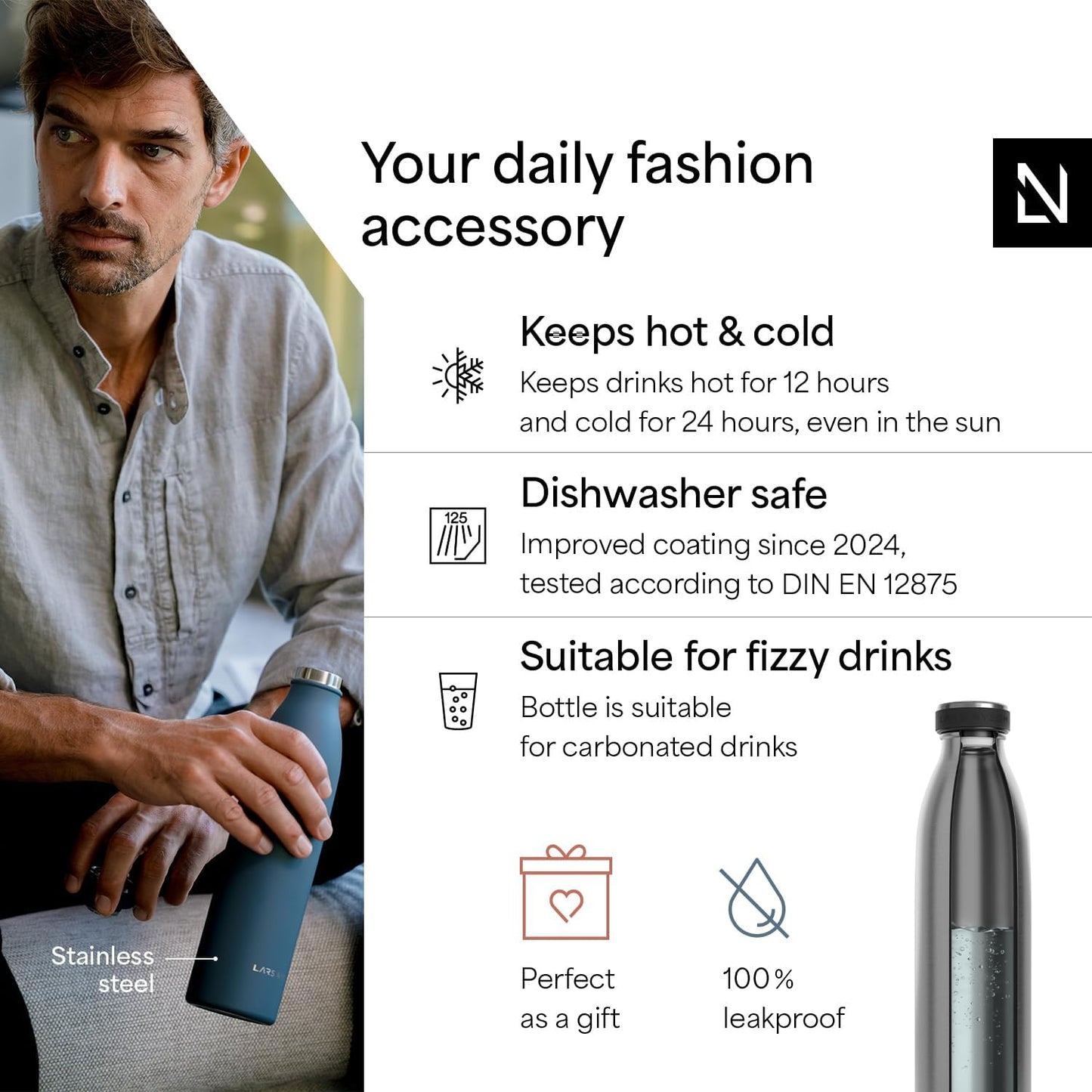 LARS NYSØM Stainless Steel Insulated Water Bottle 12oz 17oz 25oz 34oz 51oz | Insulated Thermo Flask for Hot and Cold Beverages | Leakproof Drinking Bottle (Pine Green, 17oz)