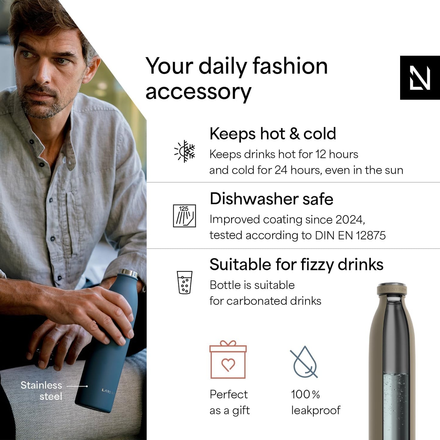 LARS NYSØM Stainless Steel Insulated Water Bottle 12oz 17oz 25oz 34oz 51oz | Insulated Thermo Flask for Hot and Cold Beverages | Leakproof Drinking Bottle (Pine Green, 17oz)