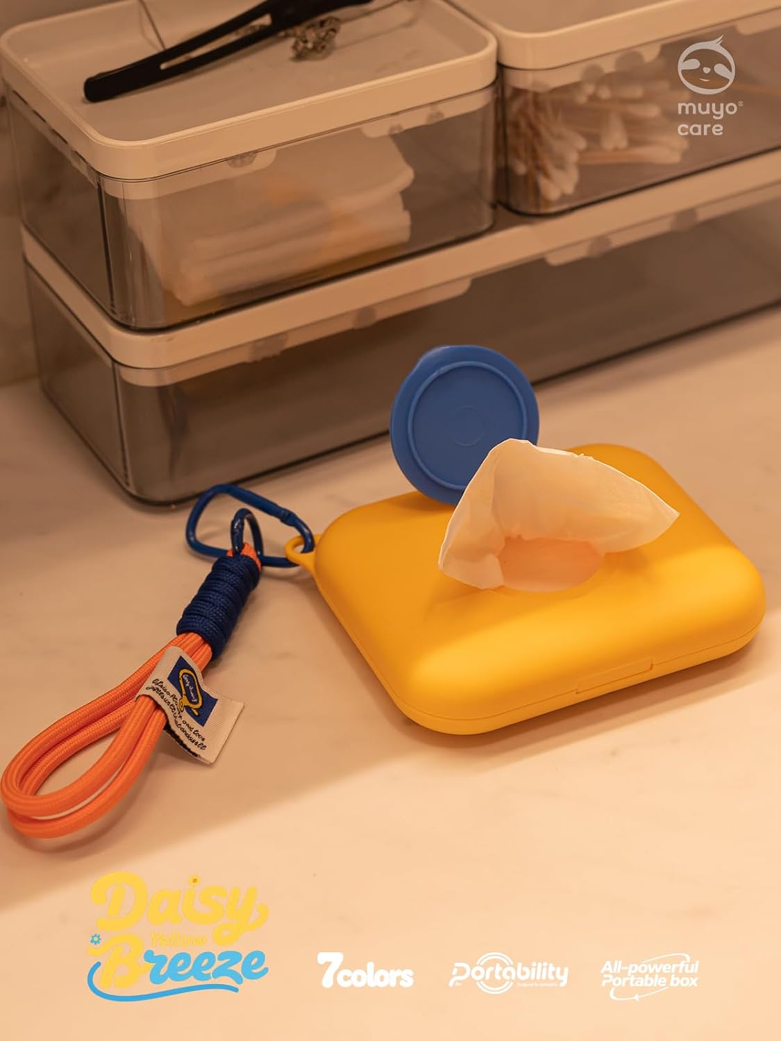 Travel Wipes Dispenser, Portable & Refillable Tissue Case for On-The-Go, Pocket Tissue Box, Waterproof Baby Wipes Container for Car, Bag (Blue with Yellow Lid)