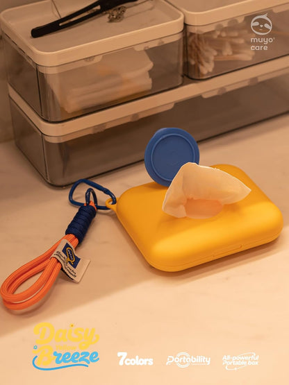 Travel Wipes Dispenser, Portable & Refillable Tissue Case for On-The-Go, Pocket Tissue Box, Waterproof Baby Wipes Container for Car, Bag (Blue with Yellow Lid)