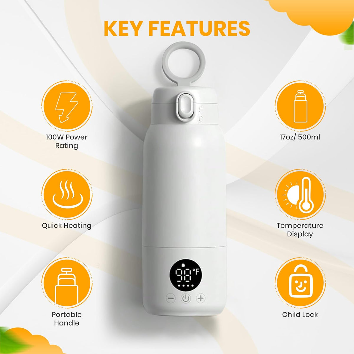 Portable 17oz Milk Bottle Warmer – 140W Fast USB Heating | 316 Stainless Steel Baby Milk Warmer for Formula & Breastmilk | Temp Display, Long Insulation & Night Light for Travel (White)