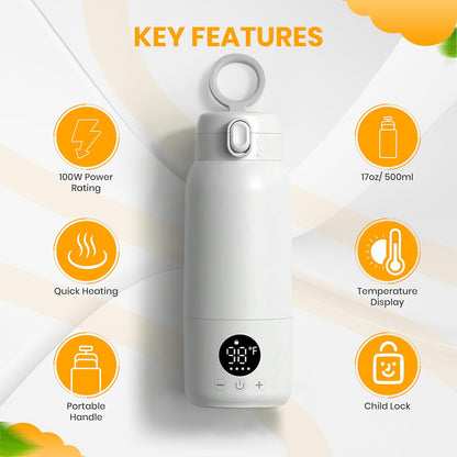 Portable 17oz Milk Bottle Warmer – 140W Fast USB Heating | 316 Stainless Steel Baby Milk Warmer for Formula & Breastmilk | Temp Display, Long Insulation & Night Light for Travel (White)