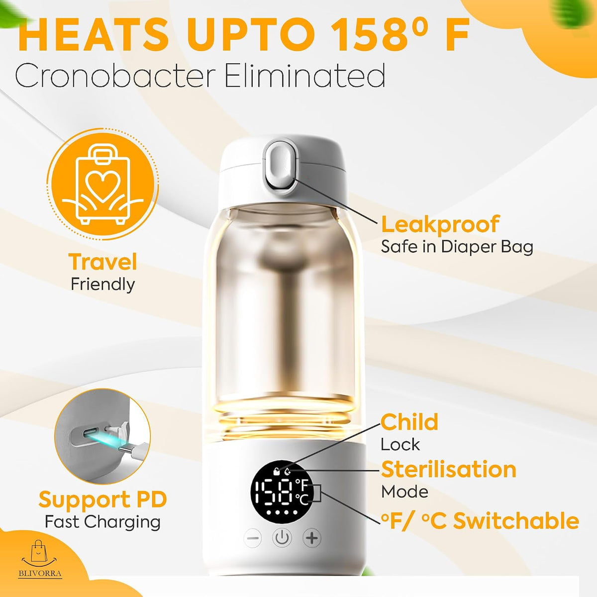 Portable 17oz Milk Bottle Warmer – 140W Fast USB Heating | 316 Stainless Steel Baby Milk Warmer for Formula & Breastmilk | Temp Display, Long Insulation & Night Light for Travel (White)