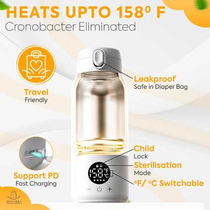 Portable 17oz Milk Bottle Warmer – 140W Fast USB Heating | 316 Stainless Steel Baby Milk Warmer for Formula & Breastmilk | Temp Display, Long Insulation & Night Light for Travel (White)