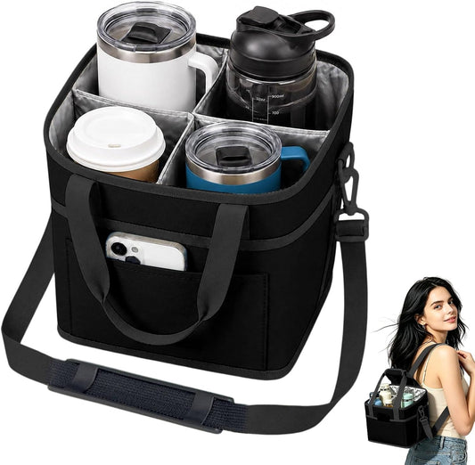 Drink Carrier Tote Bag, 4 Cup Holder Bag Insulated Drink Bag with Detachable Shoulder Strap, Portable Beverage Caddy Holder for Coffee Tumblers Water Bottles (Black)