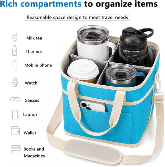 Drink Carrier Tote Bag, 4 Cup Holder Bag Insulated Drink Bag with Detachable Shoulder Strap, Portable Beverage Caddy Holder for Coffee Tumblers Water Bottles (Black)