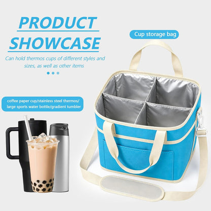 Drink Carrier Tote Bag, 4 Cup Holder Bag Insulated Drink Bag with Detachable Shoulder Strap, Portable Beverage Caddy Holder for Coffee Tumblers Water Bottles (Black)