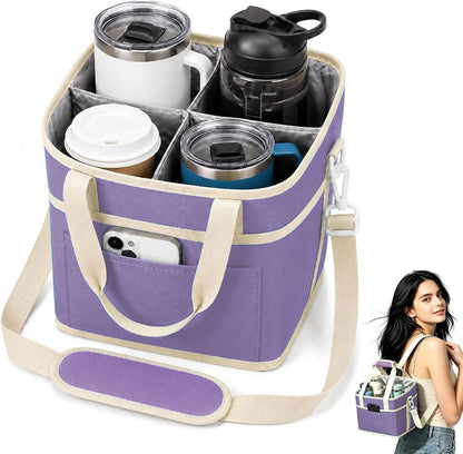 Drink Carrier Tote Bag, 4 Cup Holder Bag Insulated Drink Bag with Detachable Shoulder Strap, Portable Beverage Caddy Holder for Coffee Tumblers Water Bottles (Black)