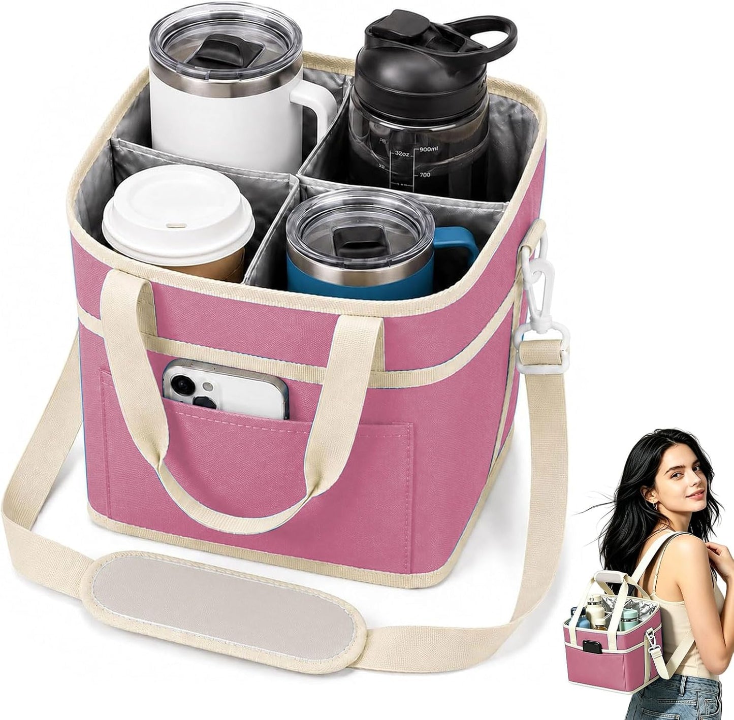 Drink Carrier Tote Bag, 4 Cup Holder Bag Insulated Drink Bag with Detachable Shoulder Strap, Portable Beverage Caddy Holder for Coffee Tumblers Water Bottles (Black)