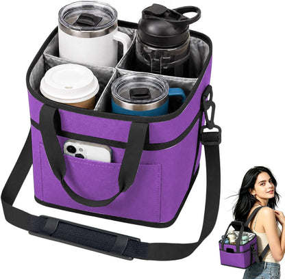 Drink Carrier Tote Bag, 4 Cup Holder Bag Insulated Drink Bag with Detachable Shoulder Strap, Portable Beverage Caddy Holder for Coffee Tumblers Water Bottles (Black)