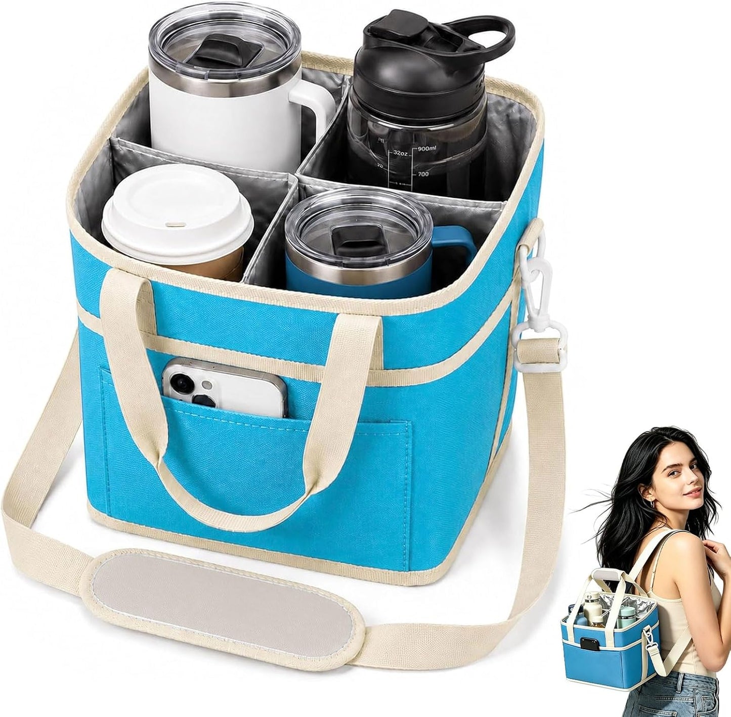 Drink Carrier Tote Bag, 4 Cup Holder Bag Insulated Drink Bag with Detachable Shoulder Strap, Portable Beverage Caddy Holder for Coffee Tumblers Water Bottles (Black)