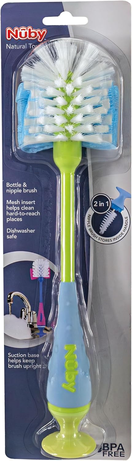 Nuby 2-in-1 Baby Bottle Brush with Stand - Soft Nylon Bristles - Dishwasher Safe - Bottle and Nipple Cleaning Tool - Blue/Green