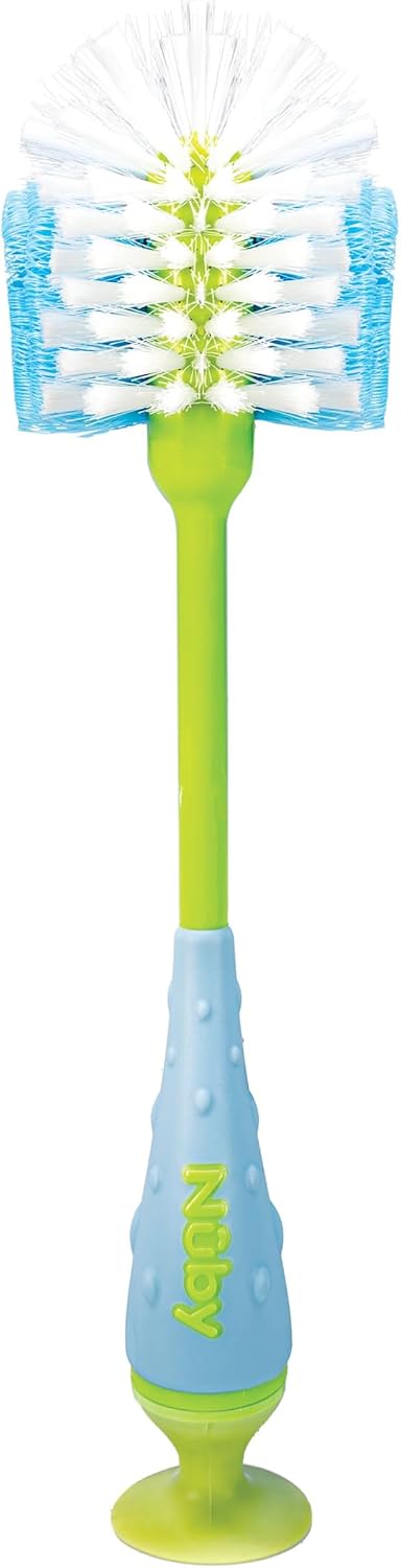 Nuby 2-in-1 Baby Bottle Brush with Stand - Soft Nylon Bristles - Dishwasher Safe - Bottle and Nipple Cleaning Tool - Blue/Green