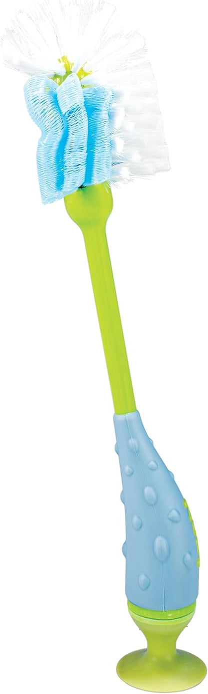 Nuby 2-in-1 Baby Bottle Brush with Stand - Soft Nylon Bristles - Dishwasher Safe - Bottle and Nipple Cleaning Tool - Blue/Green