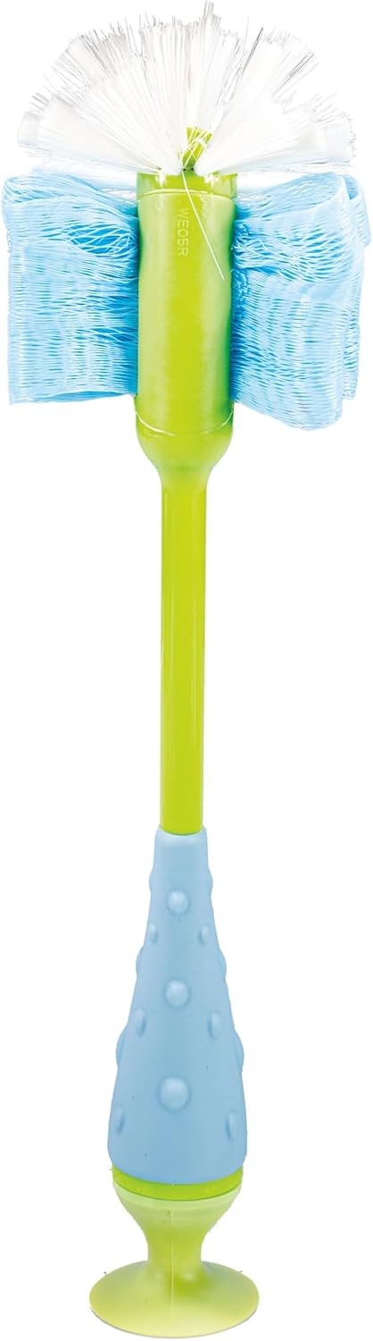 Nuby 2-in-1 Baby Bottle Brush with Stand - Soft Nylon Bristles - Dishwasher Safe - Bottle and Nipple Cleaning Tool - Blue/Green