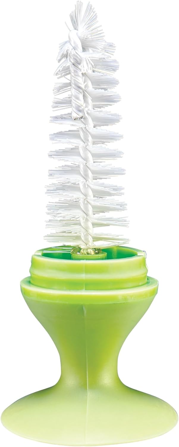 Nuby 2-in-1 Baby Bottle Brush with Stand - Soft Nylon Bristles - Dishwasher Safe - Bottle and Nipple Cleaning Tool - Blue/Green