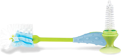Nuby 2-in-1 Baby Bottle Brush with Stand - Soft Nylon Bristles - Dishwasher Safe - Bottle and Nipple Cleaning Tool - Blue/Green