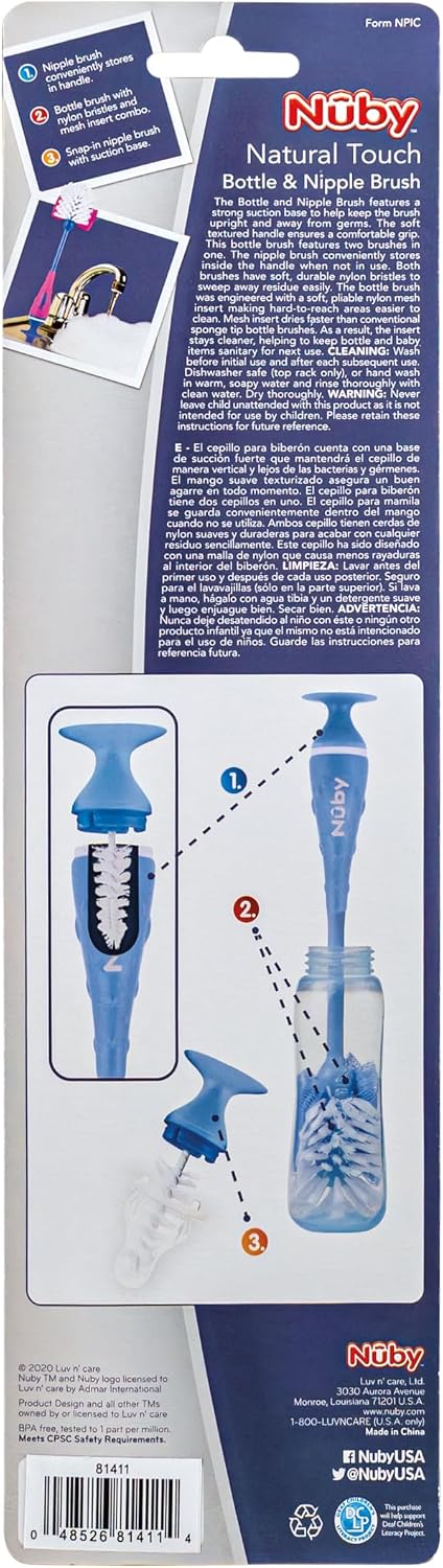 Nuby 2-in-1 Baby Bottle Brush with Stand - Soft Nylon Bristles - Dishwasher Safe - Bottle and Nipple Cleaning Tool - Blue/Green