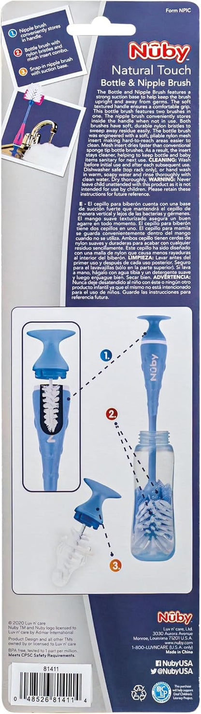 Nuby 2-in-1 Baby Bottle Brush with Stand - Soft Nylon Bristles - Dishwasher Safe - Bottle and Nipple Cleaning Tool - Blue/Green