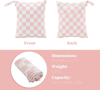 Pink Checkered Waterproof Wet Dy Diaper Bag for Baby Essentials, Travel, Swimsuit, Beach Bag Accessories, Aesthetic Trendy Cute Toddler Baby Cloth Bag Pouch, Pack of 2