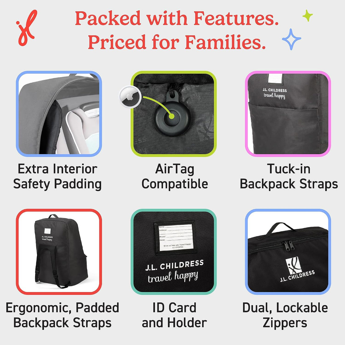 J.L. Childress Padded Backpack Car Seat Travel Bag - Deluxe, Black