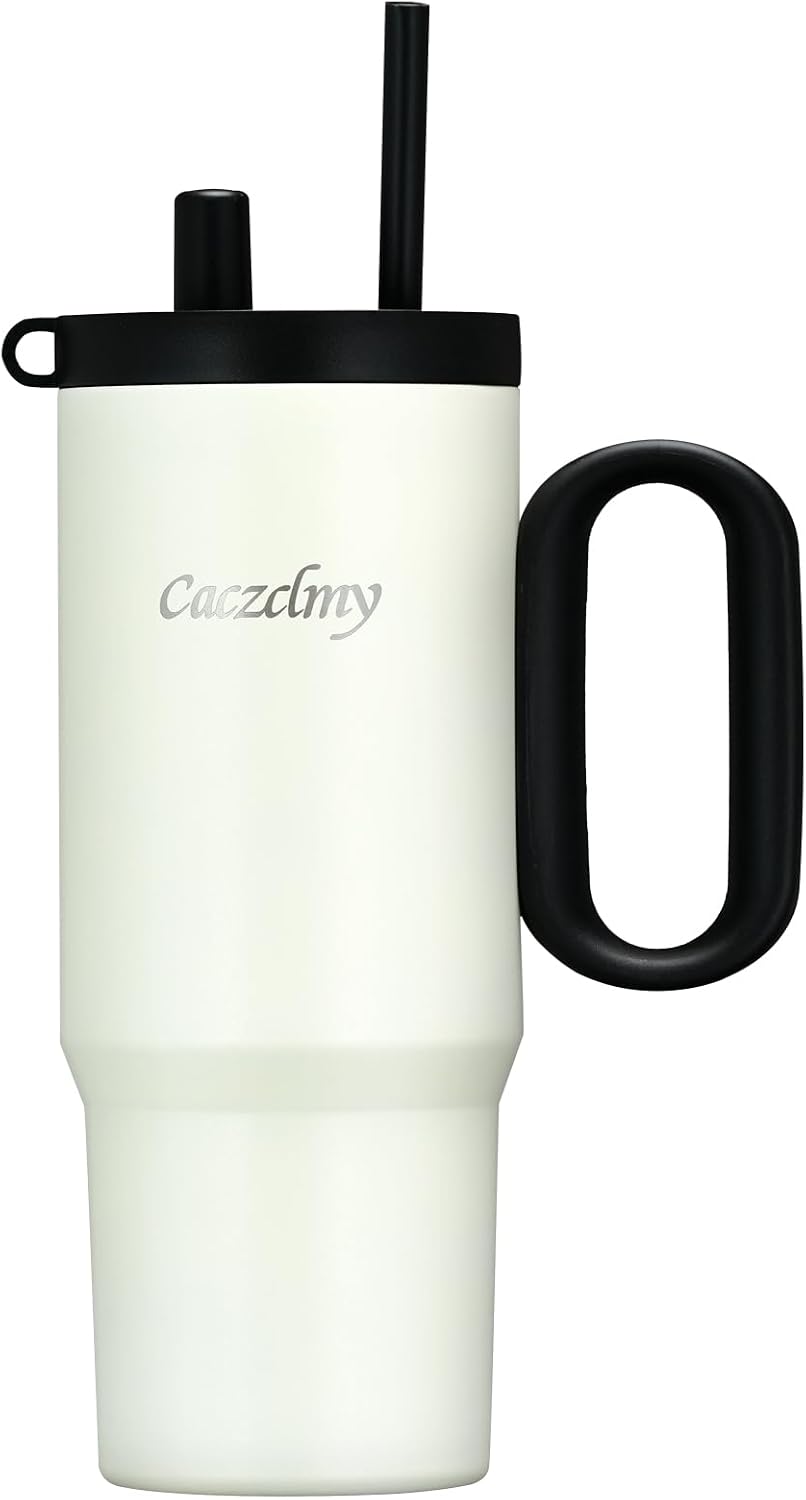 24oz Stainless Steel Tumbler with Handle & Straw | Double wall 18/8 stainless steel, extendable straw, cute DIY stickers, leakproof threaded lid, fits standard car cup holders