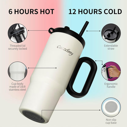 24oz Stainless Steel Tumbler with Handle & Straw | Double wall 18/8 stainless steel, extendable straw, cute DIY stickers, leakproof threaded lid, fits standard car cup holders