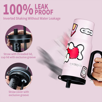 24oz Stainless Steel Tumbler with Handle & Straw | Double wall 18/8 stainless steel, extendable straw, cute DIY stickers, leakproof threaded lid, fits standard car cup holders